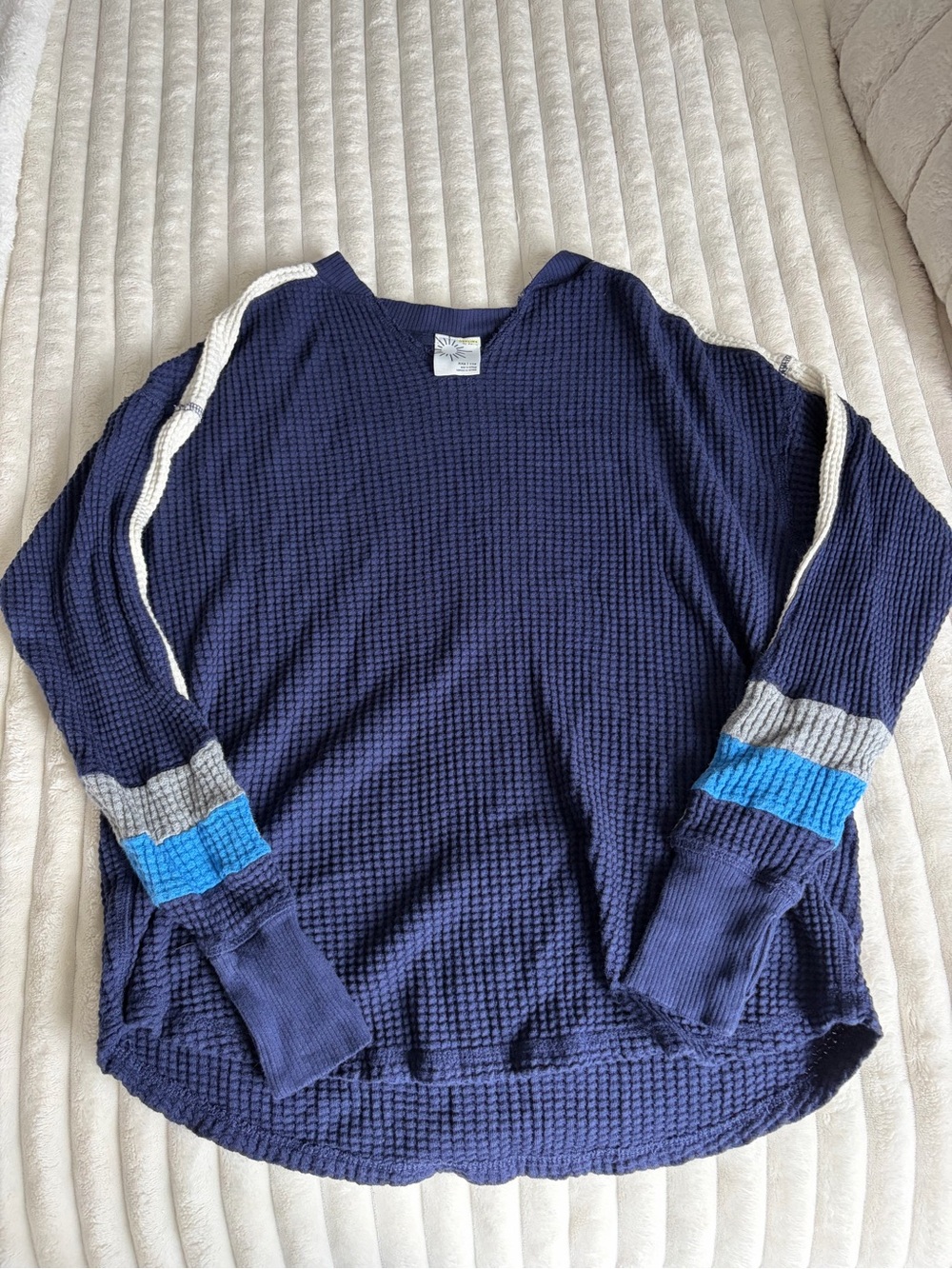 aerie Navy Off-the-Shoulder Waffle Knit Sweater with Colorblock Sleeves - Picture 2 of 2